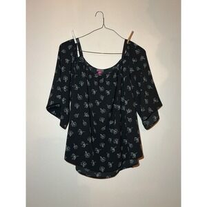 Vintage Vince Camuto Black Floral Print Off The Shoulder 3/4 Sleeve Top Size 1X